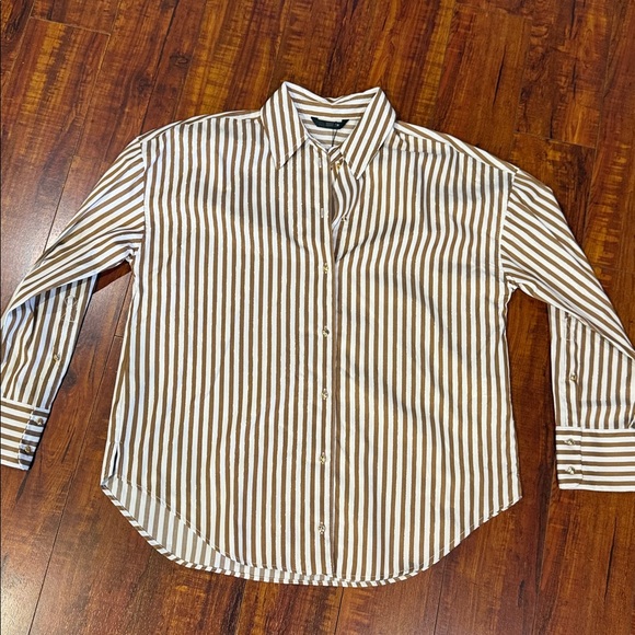 Zara White & Brown Striped Metallic Trim Button Up Cotton Blend Blouse - Picture 5 of 5